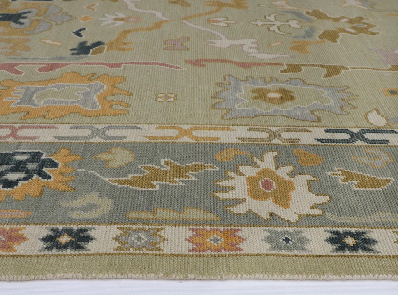 Hand-Knotted Oushak Wool Rug - Soft Sage Green with Muted Gold & Pastel Accents | Rug Regalia