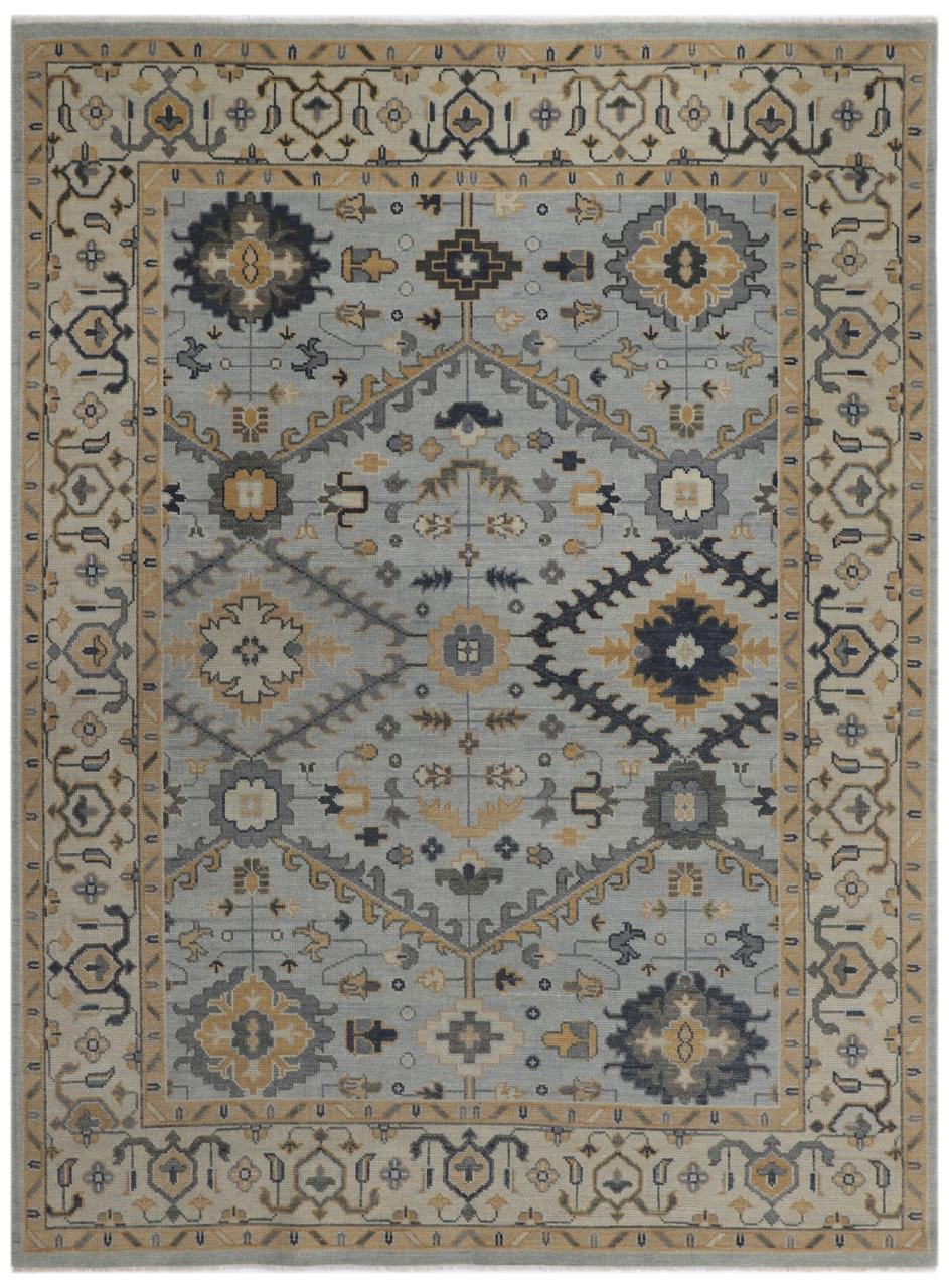Hand-Knotted Oushak Wool Rug - Soft Blue with Mustard & Charcoal Accents | Rug Regalia