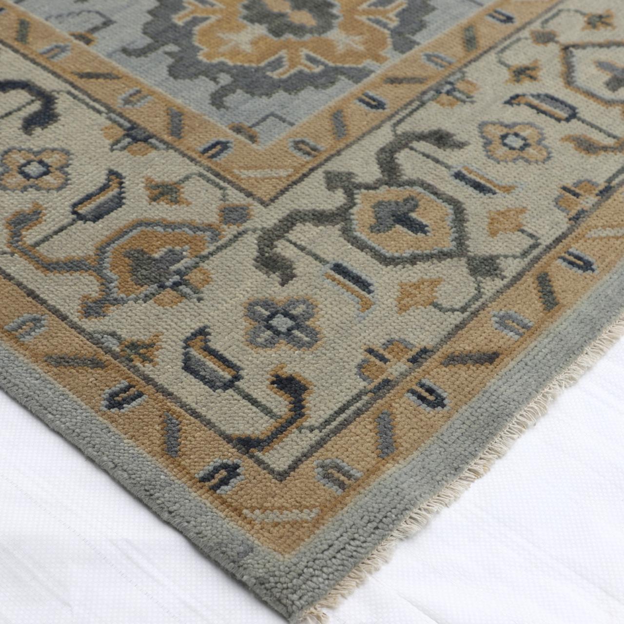 Hand-Knotted Oushak Wool Rug - Soft Blue with Mustard & Charcoal Accents | Rug Regalia