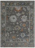 Hand-Knotted Oushak Wool Rug - Charcoal Gray with Gold & Blue Accents | Rug Regalia
