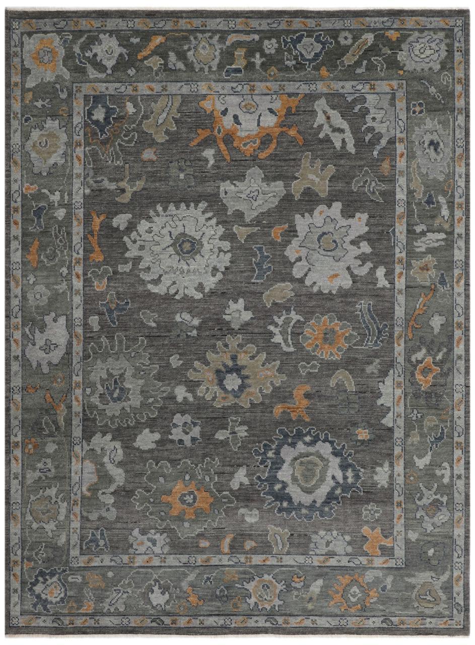 Hand-Knotted Oushak Wool Rug - Charcoal Gray with Gold & Blue Accents | Rug Regalia