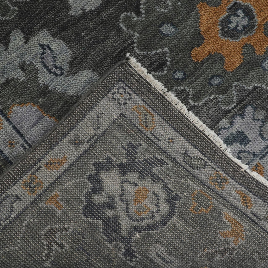 Hand-Knotted Oushak Wool Rug - Charcoal Gray with Gold & Blue Accents | Rug Regalia