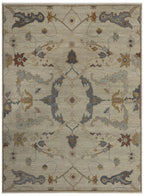 Hand-Knotted Oushak Wool Rug - Neutral Beige & Slate Blue Floral Design | Rug Regalia