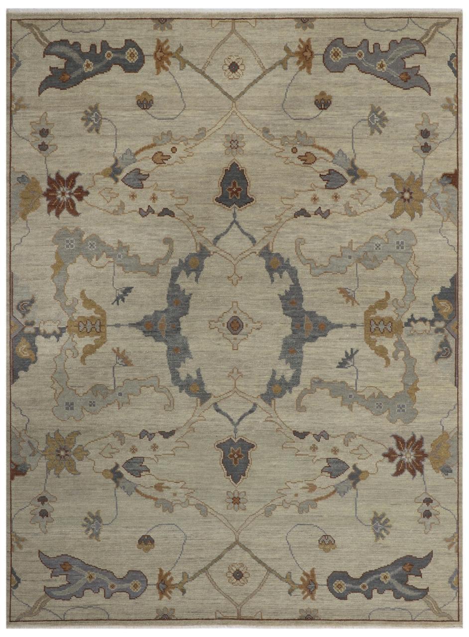 Hand-Knotted Oushak Wool Rug - Neutral Beige & Slate Blue Floral Design | Rug Regalia