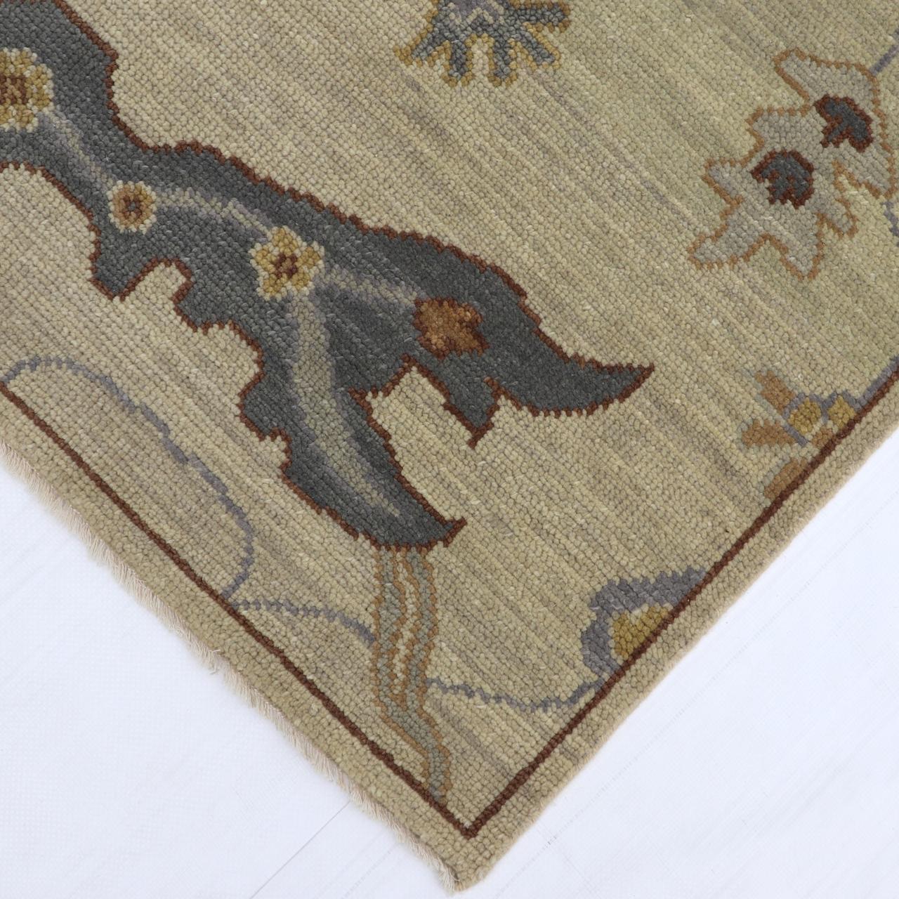 Hand-Knotted Oushak Wool Rug - Neutral Beige & Slate Blue Floral Design | Rug Regalia