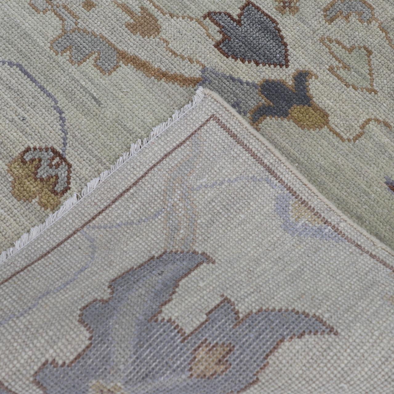 Hand-Knotted Oushak Wool Rug - Neutral Beige & Slate Blue Floral Design | Rug Regalia