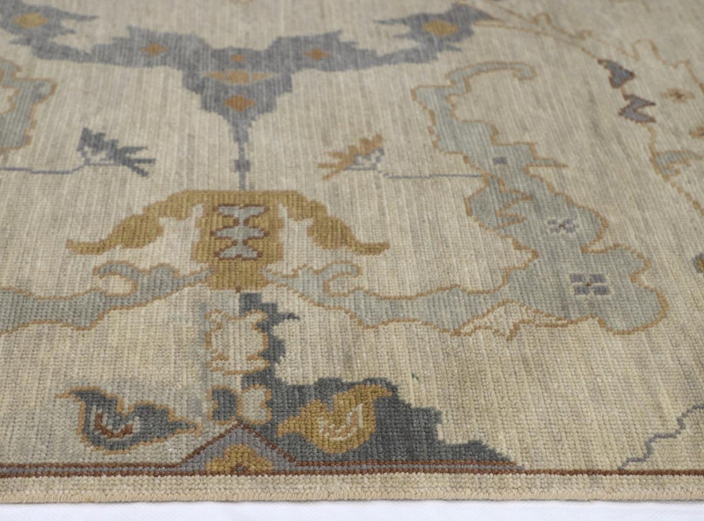 Hand-Knotted Oushak Wool Rug - Neutral Beige & Slate Blue Floral Design | Rug Regalia