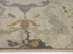 Hand-Knotted Oushak Wool Rug - Neutral Beige & Slate Blue Floral Design | Rug Regalia