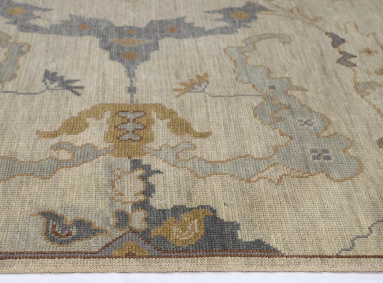 Hand-Knotted Oushak Wool Rug - Neutral Beige & Slate Blue Floral Design | Rug Regalia