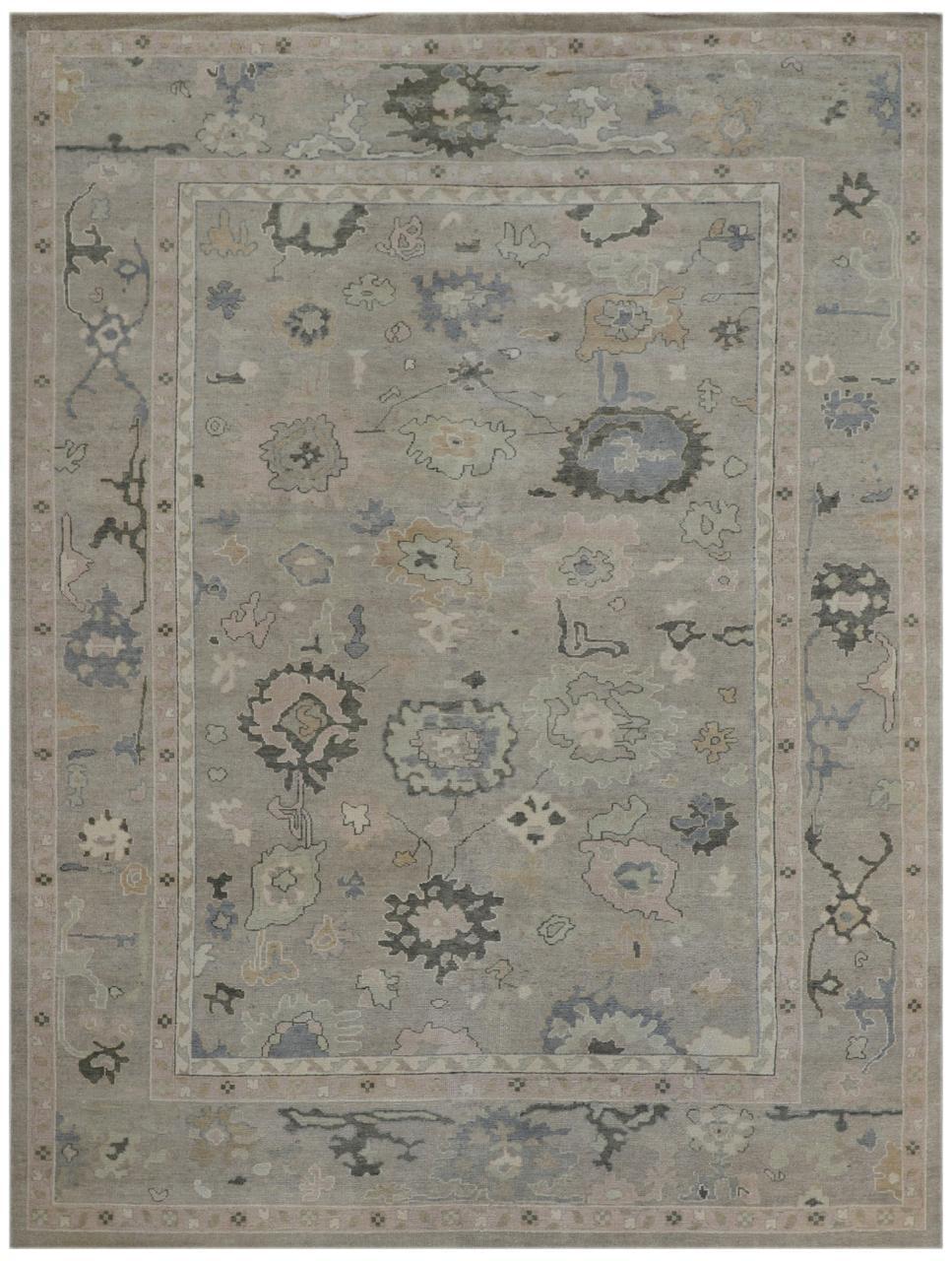Hand-Knotted Oushak Wool Rug - Soft Gray & Pastel Floral Pattern | Rug Regalia
