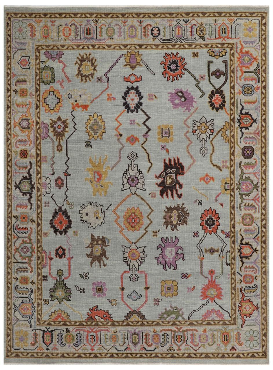 Hand-Knotted Oushak Wool Rug - Soft Blue Base with Multicolor Accents | Luxury Handmade Turkish Carpet by Rug Regalia