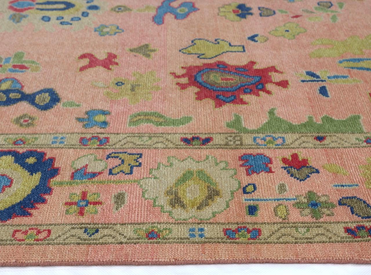 Hand-Knotted Oushak Wool Rug - Coral Pink with Multicolor Accents | Rug Regalia