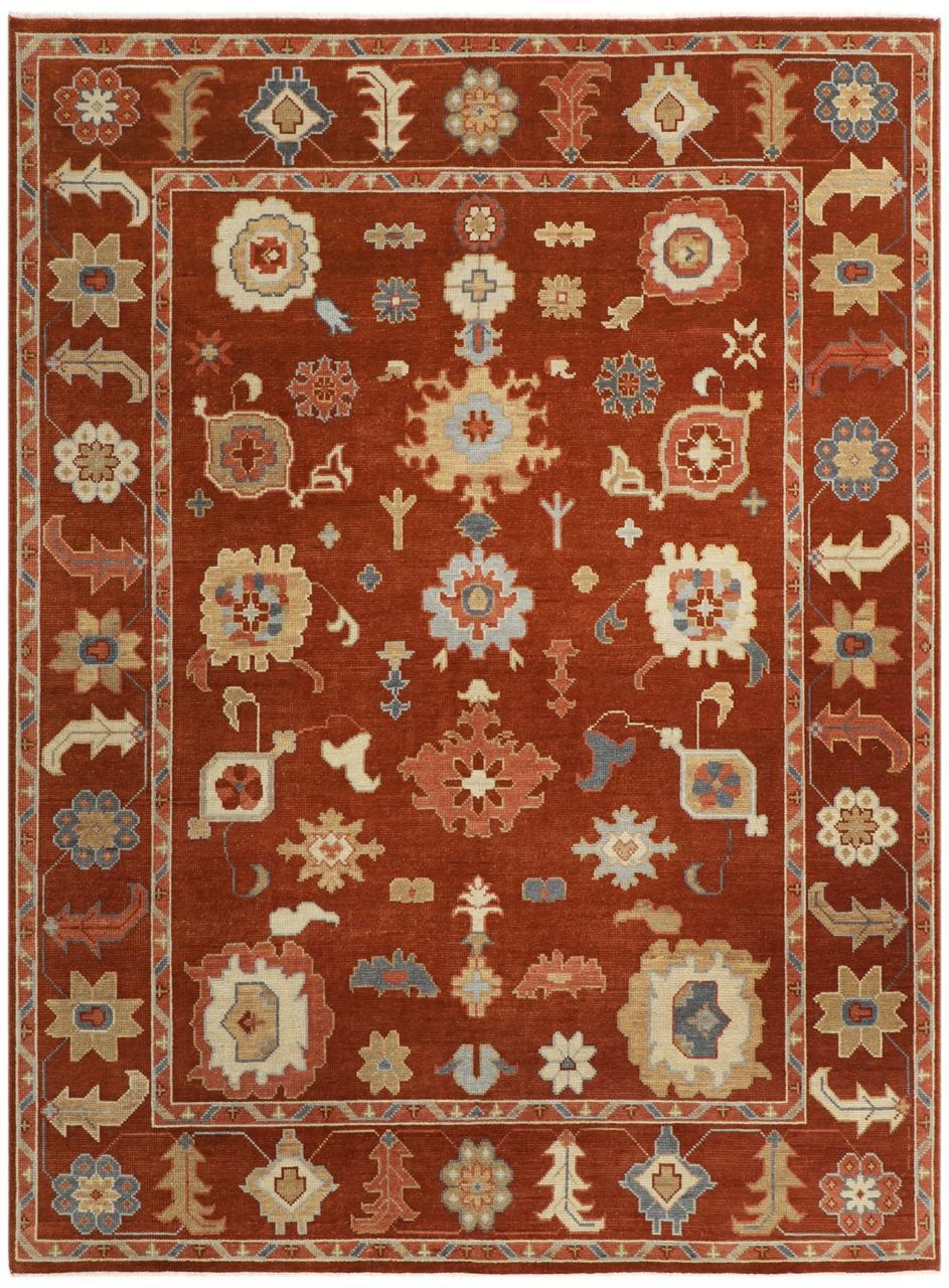 Hand-Knotted Oushak Wool Rug - Terracotta Red with Blue & Beige Accents | Luxury Turkish Handmade Carpet by Rug Regalia