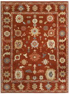 Hand-Knotted Oushak Wool Rug - Terracotta Red with Blue & Beige Accents | Luxury Turkish Handmade Carpet by Rug Regalia