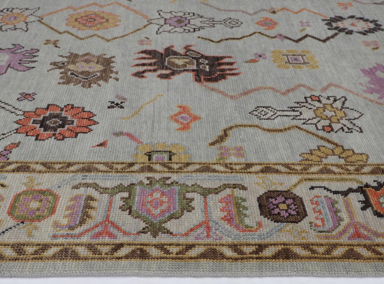 Hand-Knotted Oushak Wool Rug - Soft Blue Base with Multicolor Accents | Luxury Handmade Turkish Carpet by Rug Regalia