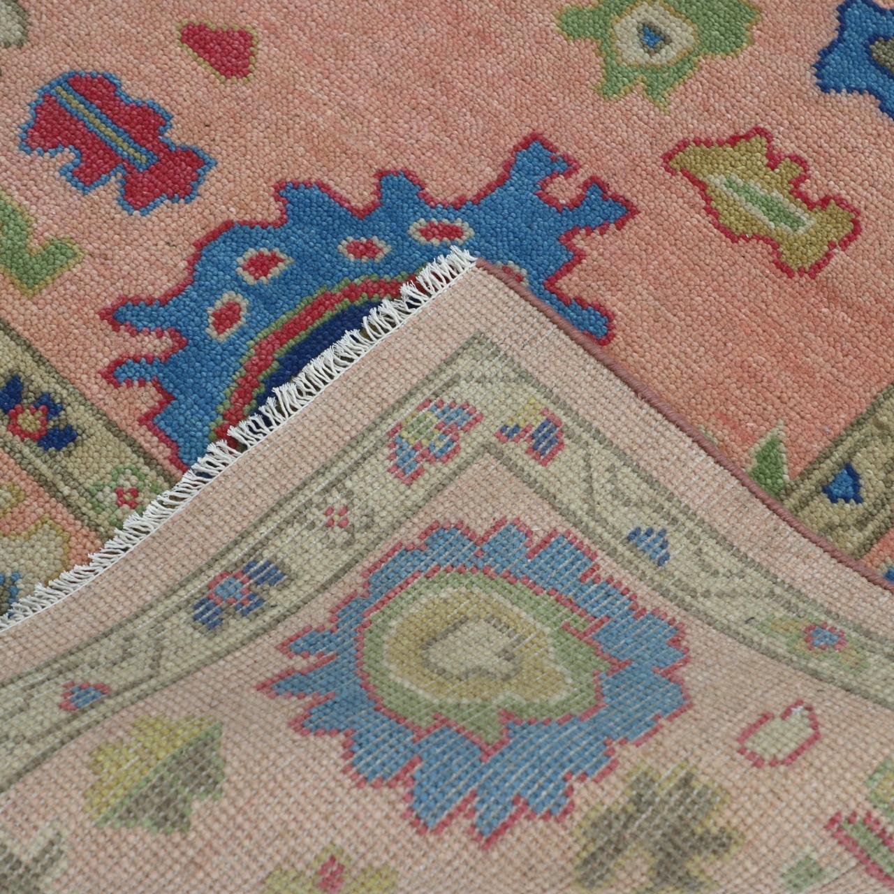 Hand-Knotted Oushak Wool Rug - Coral Pink with Multicolor Accents | Rug Regalia