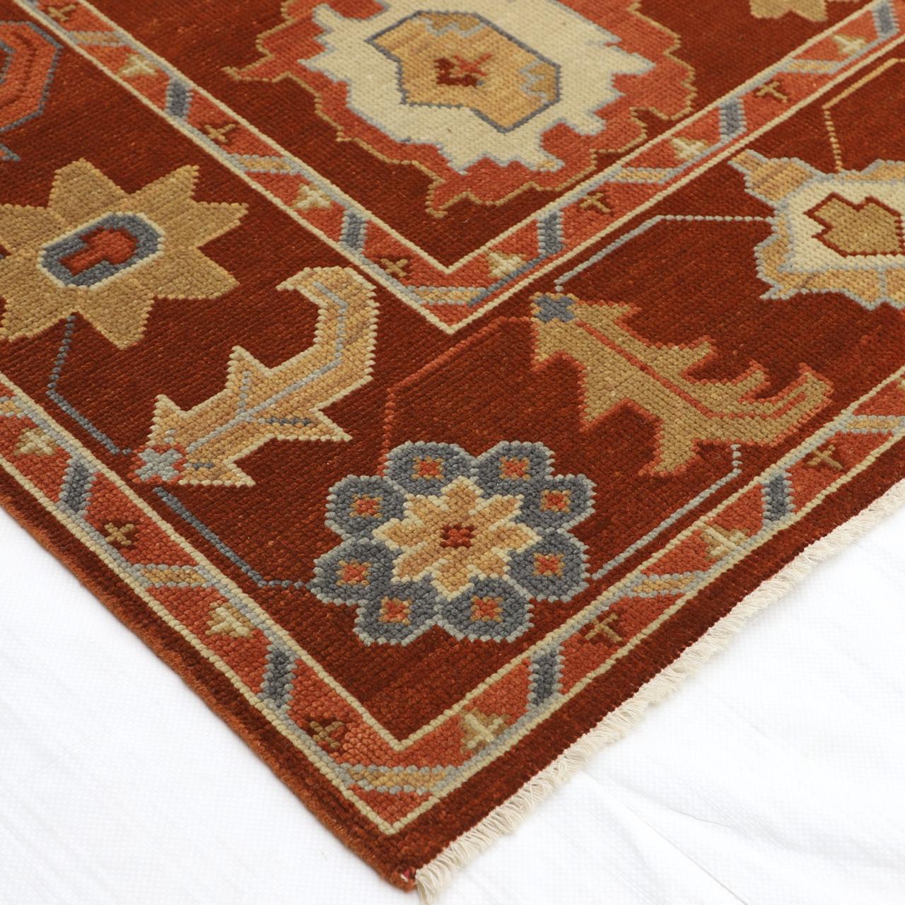 Hand-Knotted Oushak Wool Rug - Terracotta Red with Blue & Beige Accents | Luxury Turkish Handmade Carpet by Rug Regalia