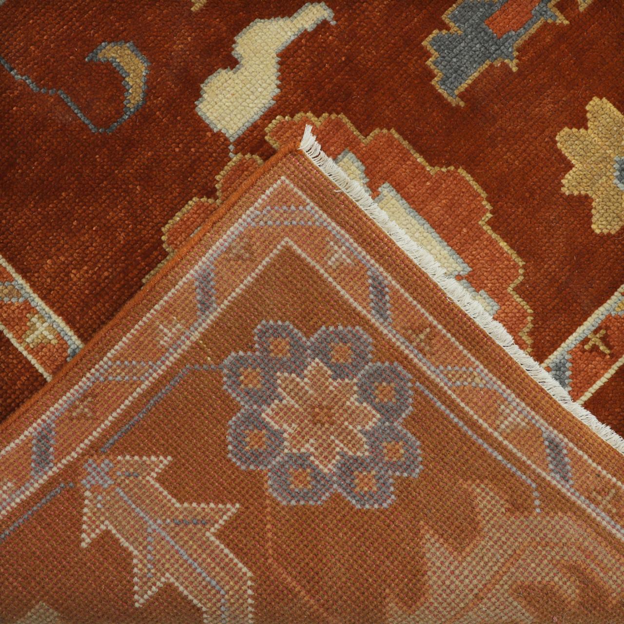 Hand-Knotted Oushak Wool Rug - Terracotta Red with Blue & Beige Accents | Luxury Turkish Handmade Carpet by Rug Regalia