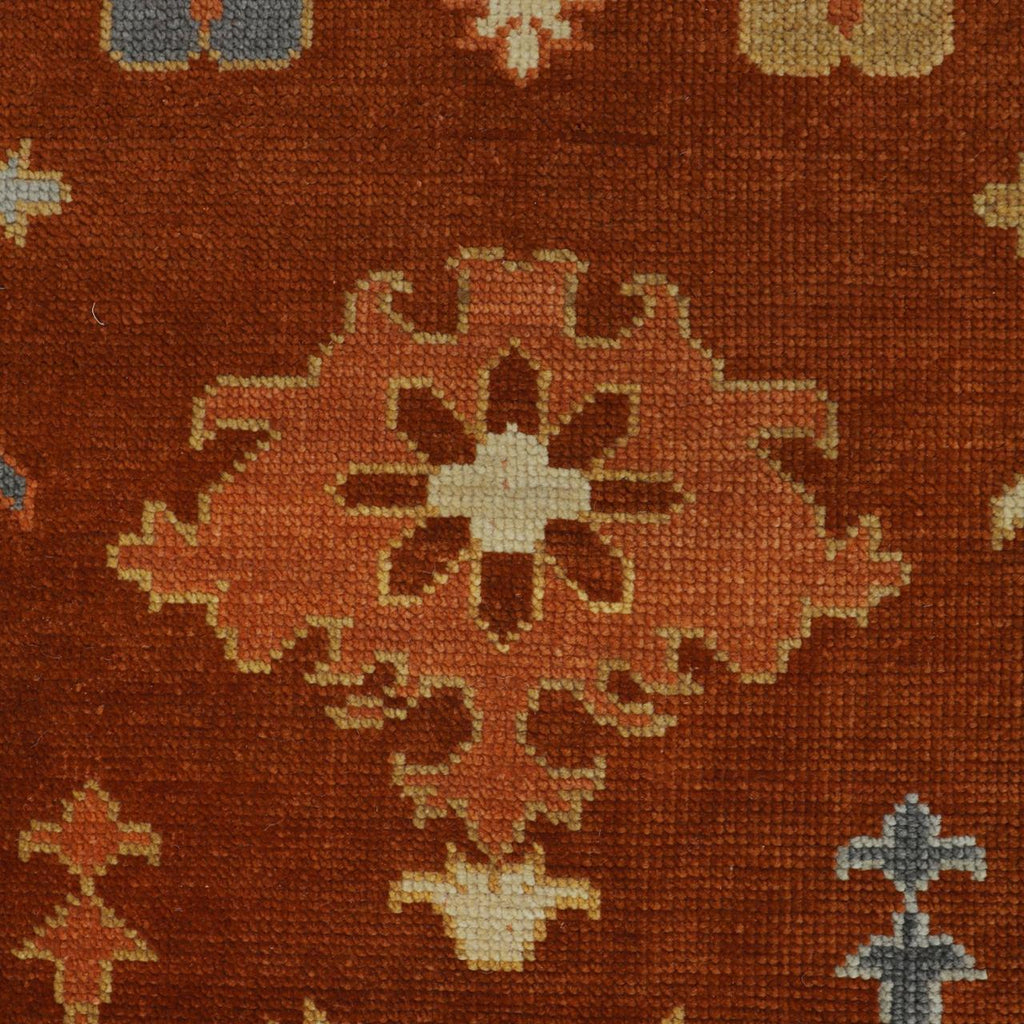 Hand-Knotted Oushak Wool Rug - Terracotta Red with Blue & Beige Accents | Luxury Turkish Handmade Carpet by Rug Regalia