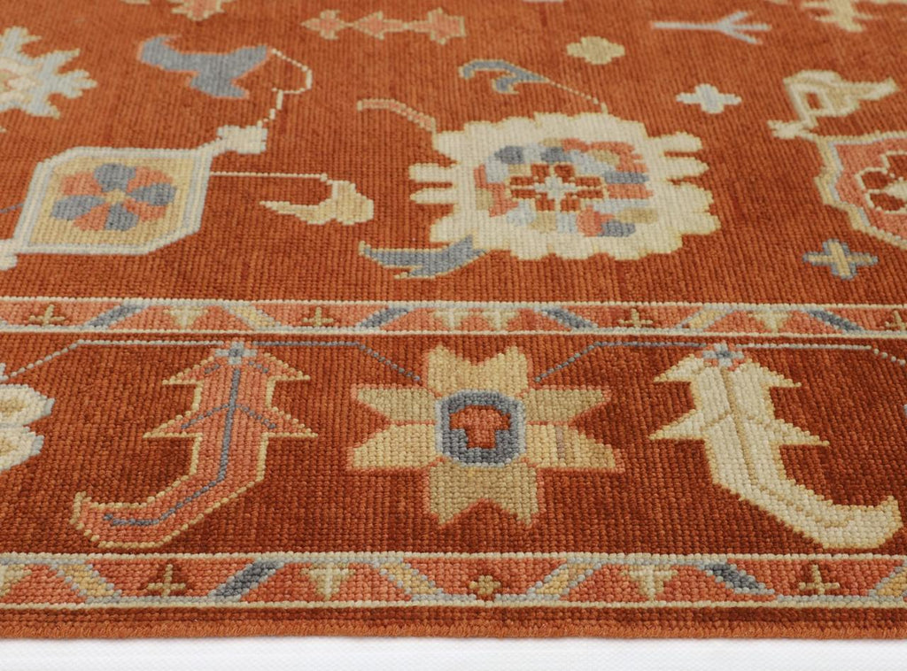 Hand-Knotted Oushak Wool Rug - Terracotta Red with Blue & Beige Accents | Luxury Turkish Handmade Carpet by Rug Regalia
