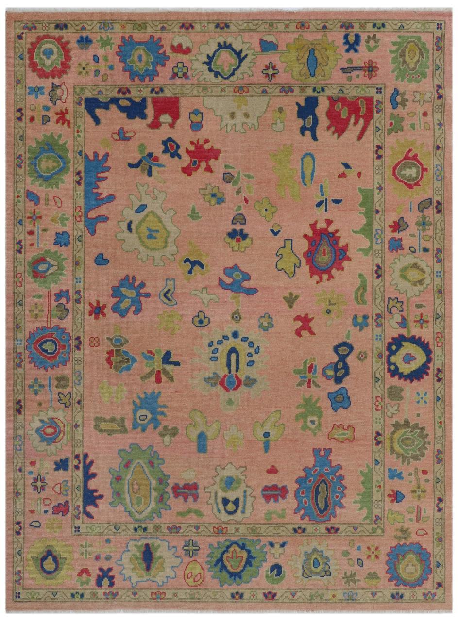 Hand-Knotted Oushak Wool Rug - Coral Pink with Multicolor Accents | Rug Regalia