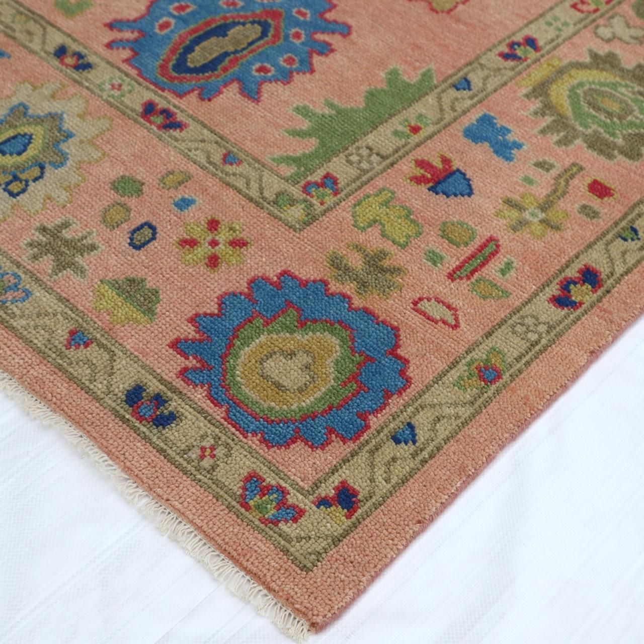 Hand-Knotted Oushak Wool Rug - Coral Pink with Multicolor Accents | Rug Regalia