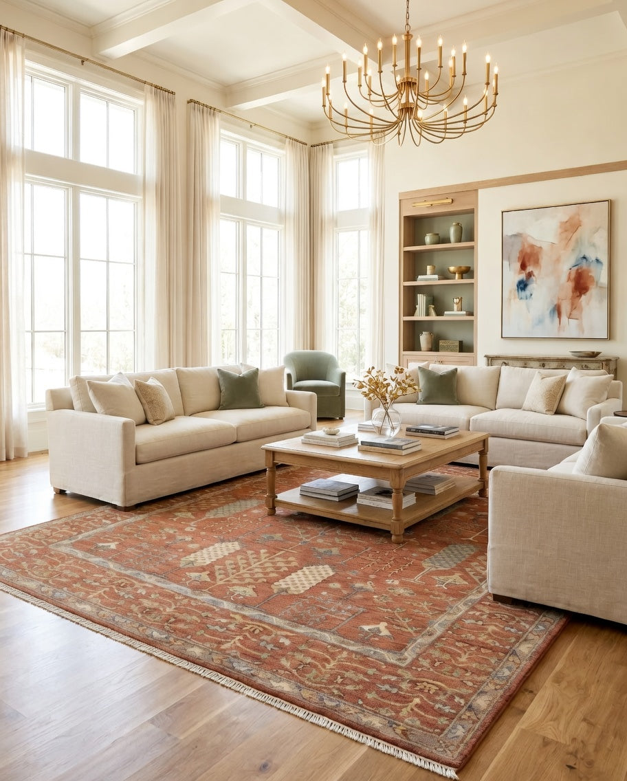 8x10 Elegant Soft red Handknotted Oushak rug, Modern Soft Wool Rugs, Tree of Life Rug for Living room, Bedroom and Office