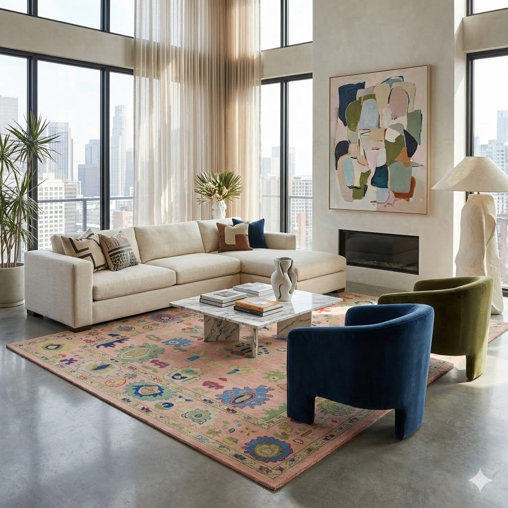 Hand-Knotted Oushak Wool Rug - Coral Pink with Multicolor Accents | Rug Regalia