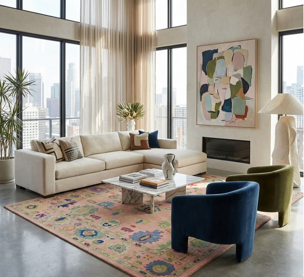 Hand-Knotted Oushak Wool Rug - Coral Pink with Multicolor Accents | Rug Regalia